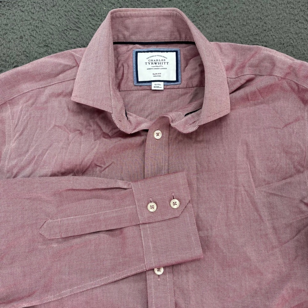 Charles Tyrwhitt Slim Fit Non Iron Burgundy Oxford Dress Shirt Men 16 33